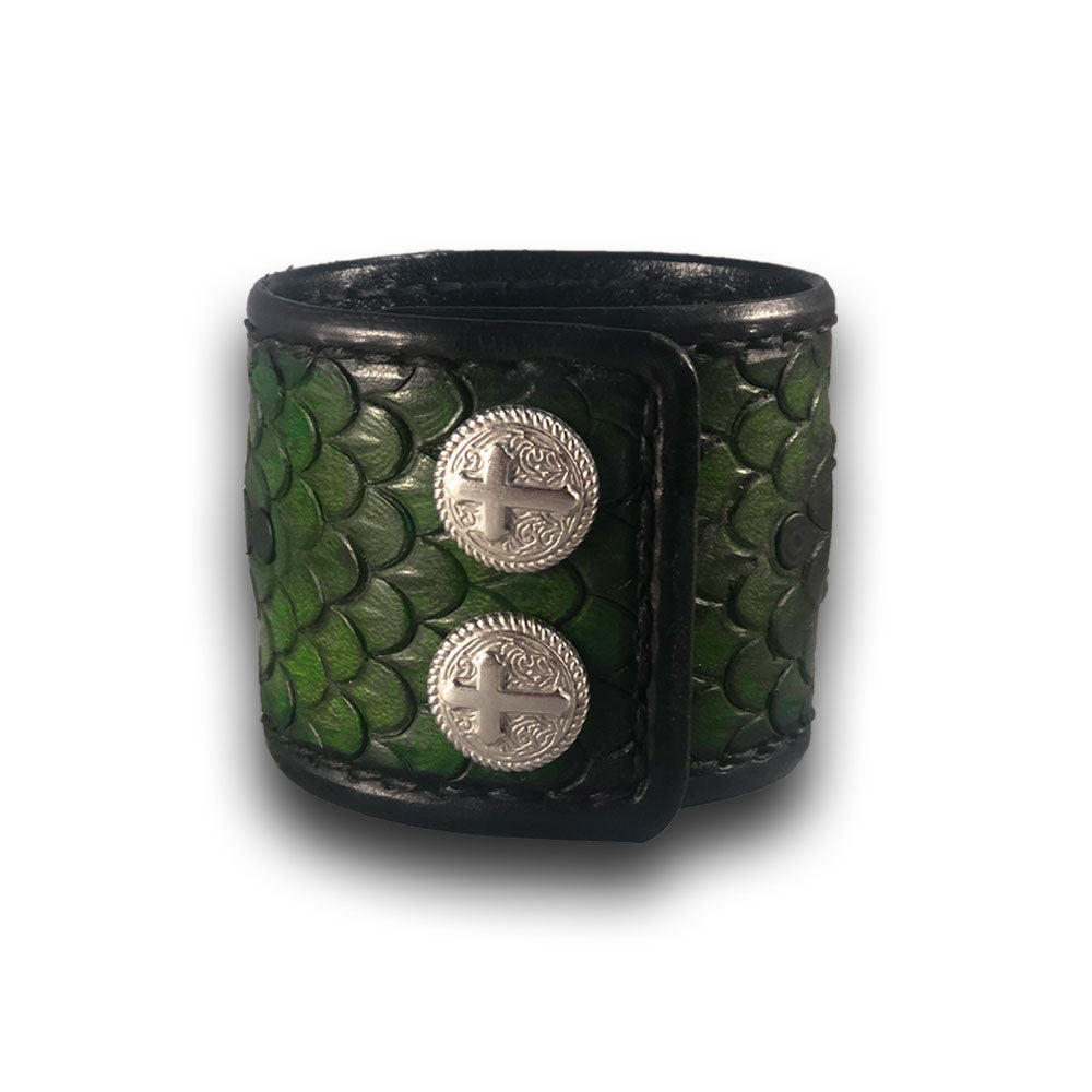 Green Dragon Scale Leather Watch with Snaps & Stainless 42mm-Leather Cuff Watches-Rockstar Leatherworks™