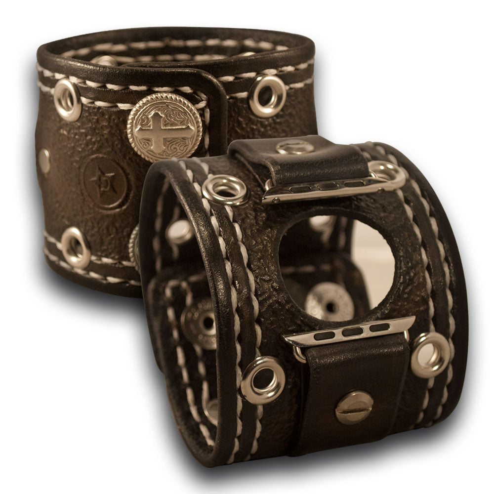 Slate Apple Leather Cuff Watch Band with Roped Cross Snaps & Eyelets-Custom Handmade Leather Watch Bands-Rockstar Leatherworks™