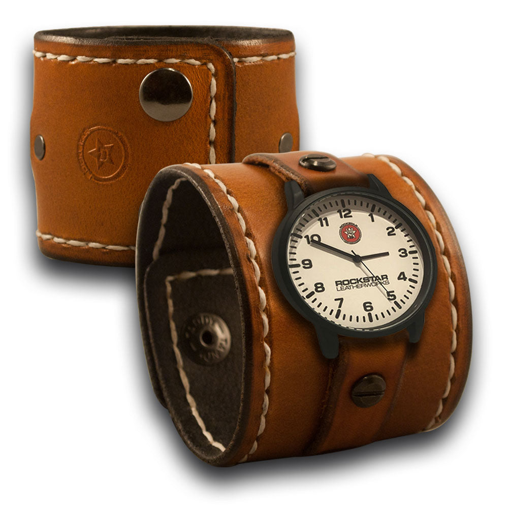 Range Tan Leather Cuff Watch with Stitching & Black Snaps-Leather Cuff Watches-Rockstar Leatherworks™