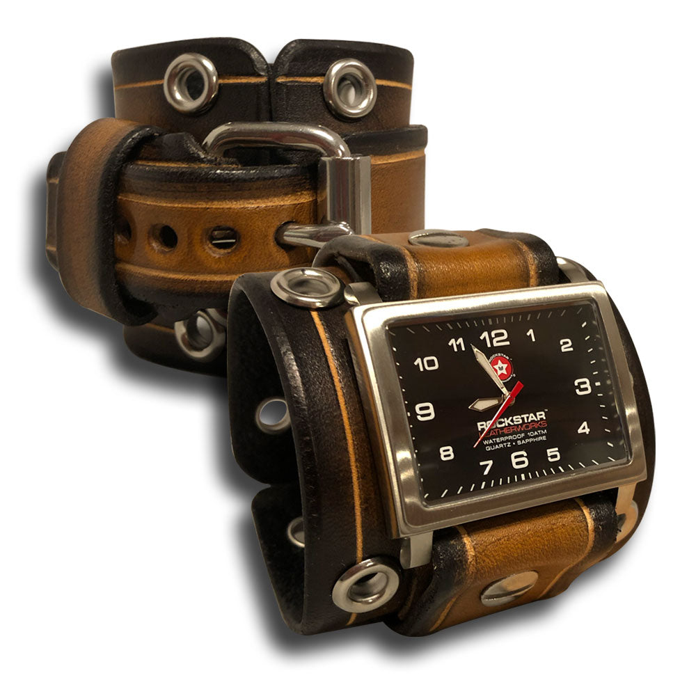 Brown Stressed Leather Cuff Watch w/ Stainless Eyelets & Etching-Leather Cuff Watches-Rockstar Leatherworks™