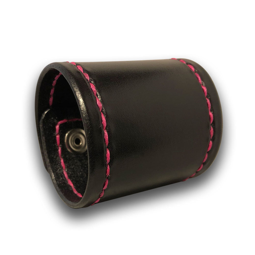 Black Leather Cuff Wristband with Pink Stitching & Compass Snaps-Leather Cuffs & Wristbands-Rockstar Leatherworks™