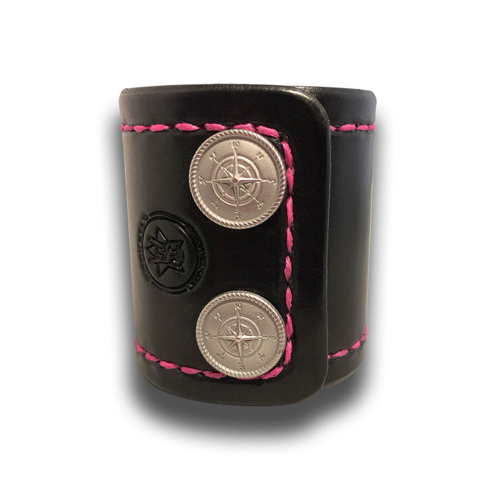 Black Leather Cuff Wristband with Pink Stitching & Compass Snaps-Leather Cuffs & Wristbands-Rockstar Leatherworks™