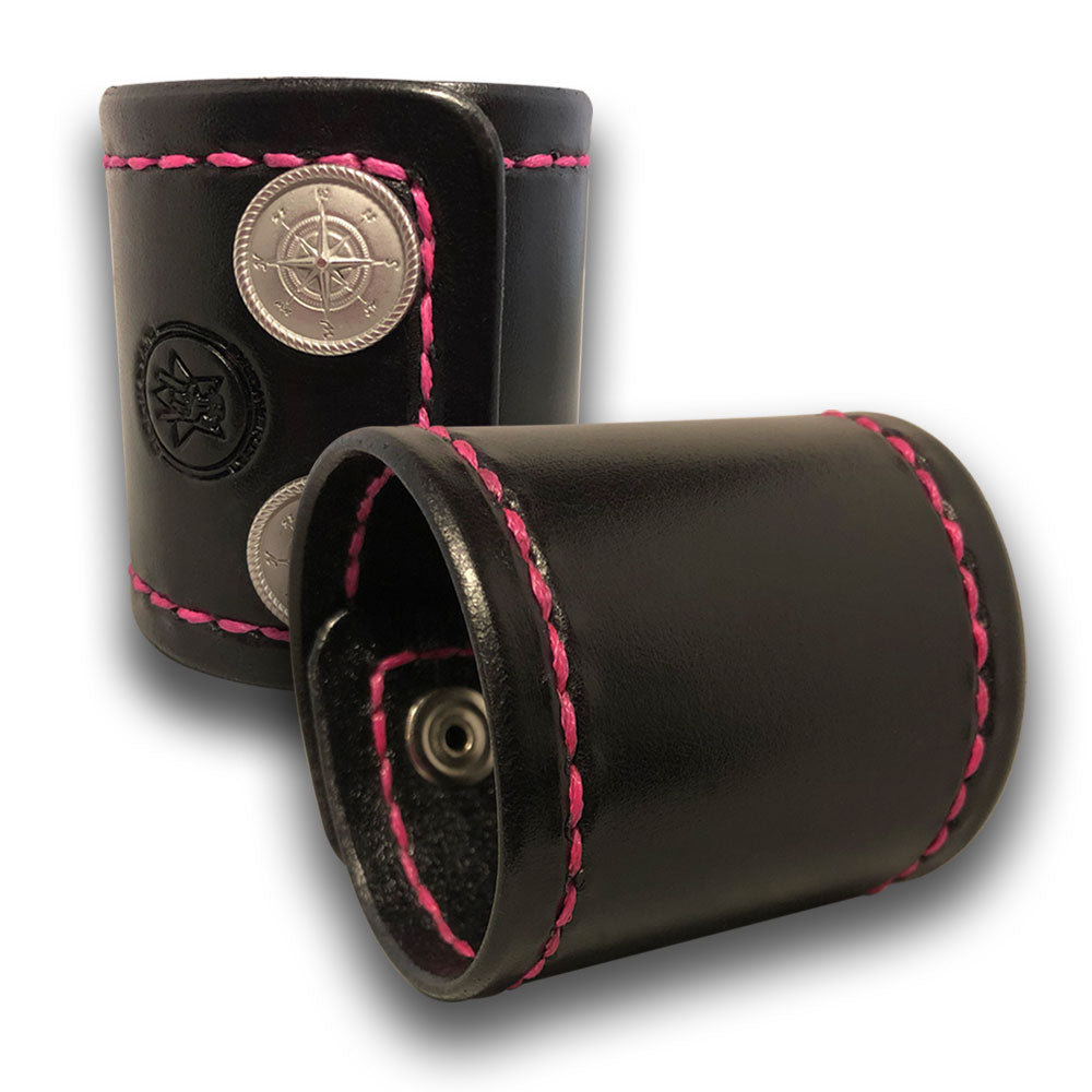 Black Leather Cuff Wristband with Pink Stitching & Compass Snaps-Leather Cuffs & Wristbands-Rockstar Leatherworks™