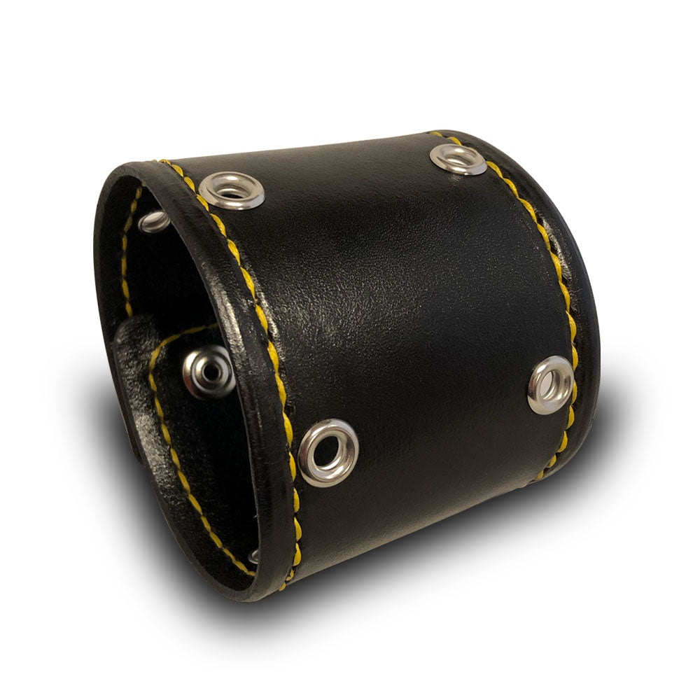 Wide Black Leather Cuff Wristband with Eyelets, Stitching & Skull Snaps-Leather Cuffs & Wristbands-Rockstar Leatherworks™