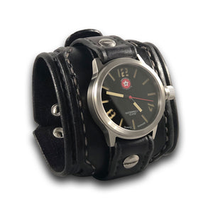 Black Layered Leather Cuff Watch with Stainless 42mm Watch-Leather Cuff Watches-Rockstar Leatherworks™