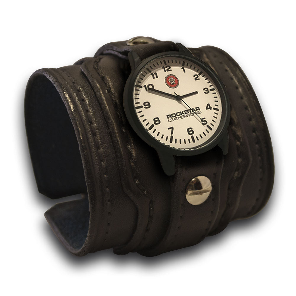 Black Layered Leather Cuff Watch with Stitching and Buckle-Leather Cuff Watches-Rockstar Leatherworks™