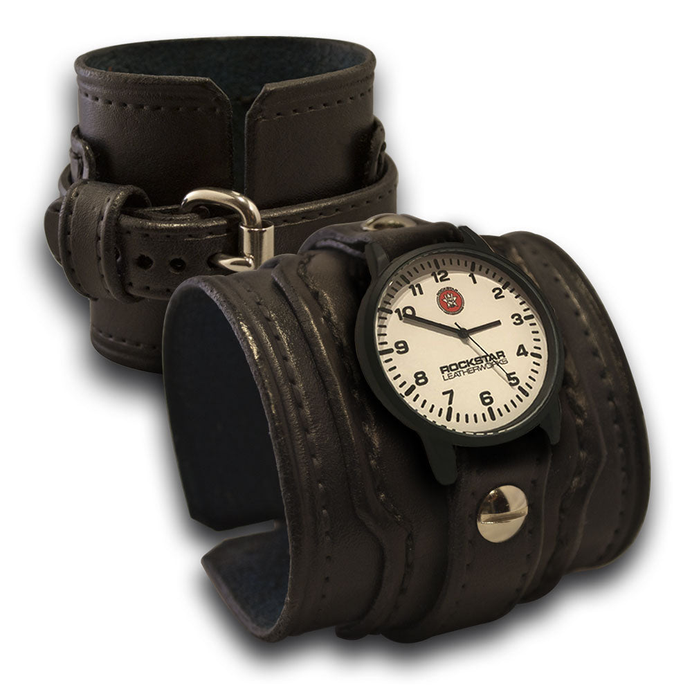Black Layered Leather Cuff Watch with Stitching and Buckle-Leather Cuff Watches-Rockstar Leatherworks™