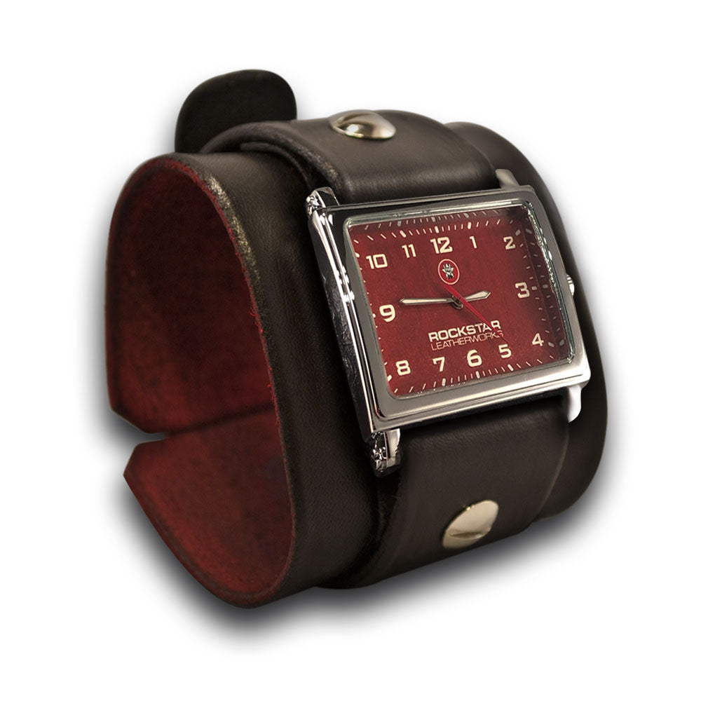 Wide Black Leather Cuff Watch with Stainless Buckle-Leather Cuff Watches-Rockstar Leatherworks™