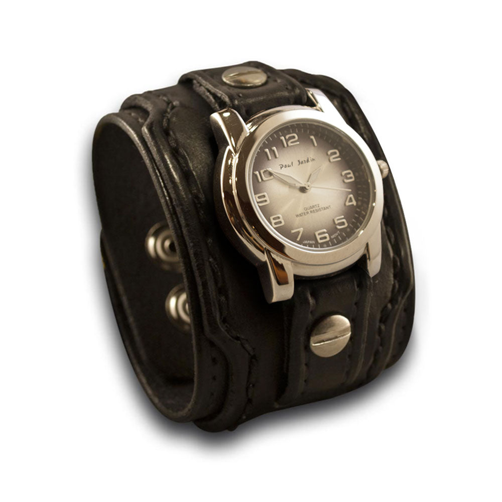 Black Layered Leather Cuff Watch with Stainless Snaps-Leather Cuff Watches-Rockstar Leatherworks™
