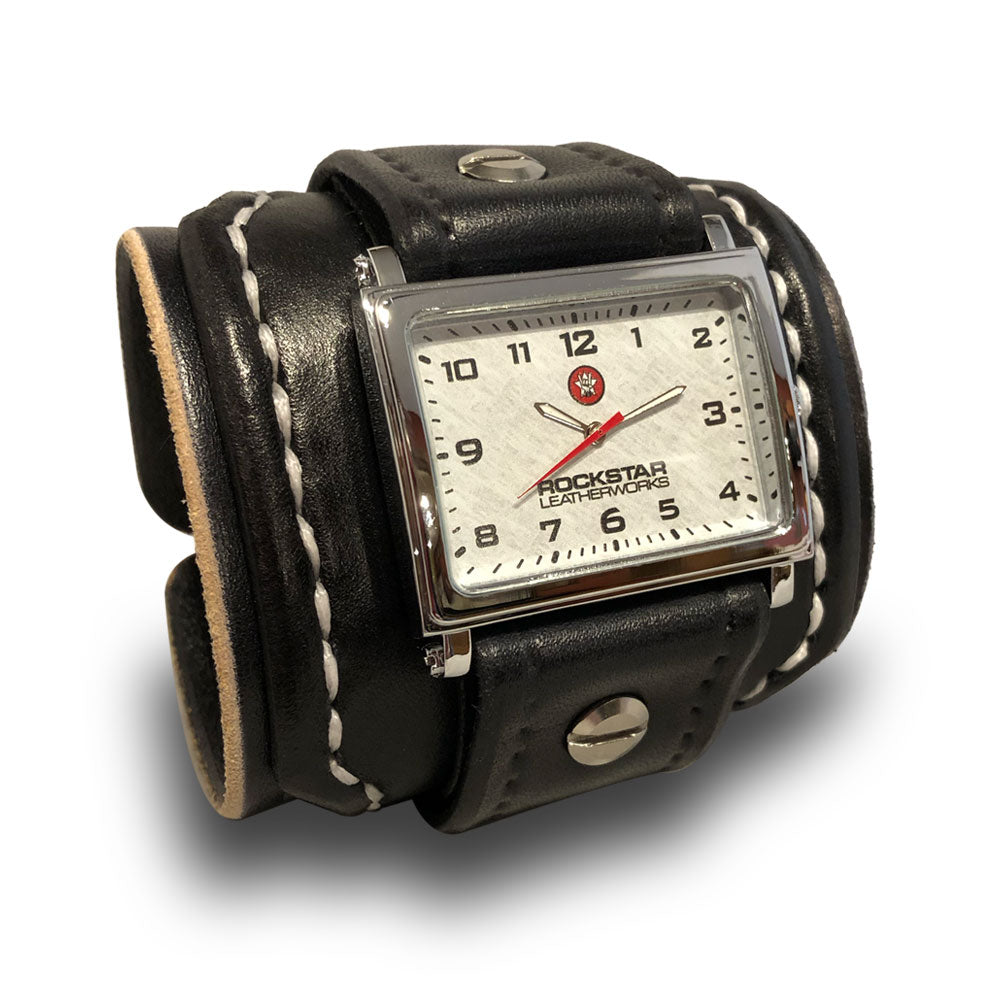 Black Wide Layered Leather Cuff Watch-Leather Cuff Watches-Rockstar Leatherworks™