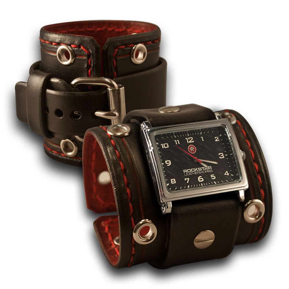 Black & Red Leather Cuff Watch with Stitching, Eyelets & Etching-Leather Cuff Watches-Rockstar Leatherworks™