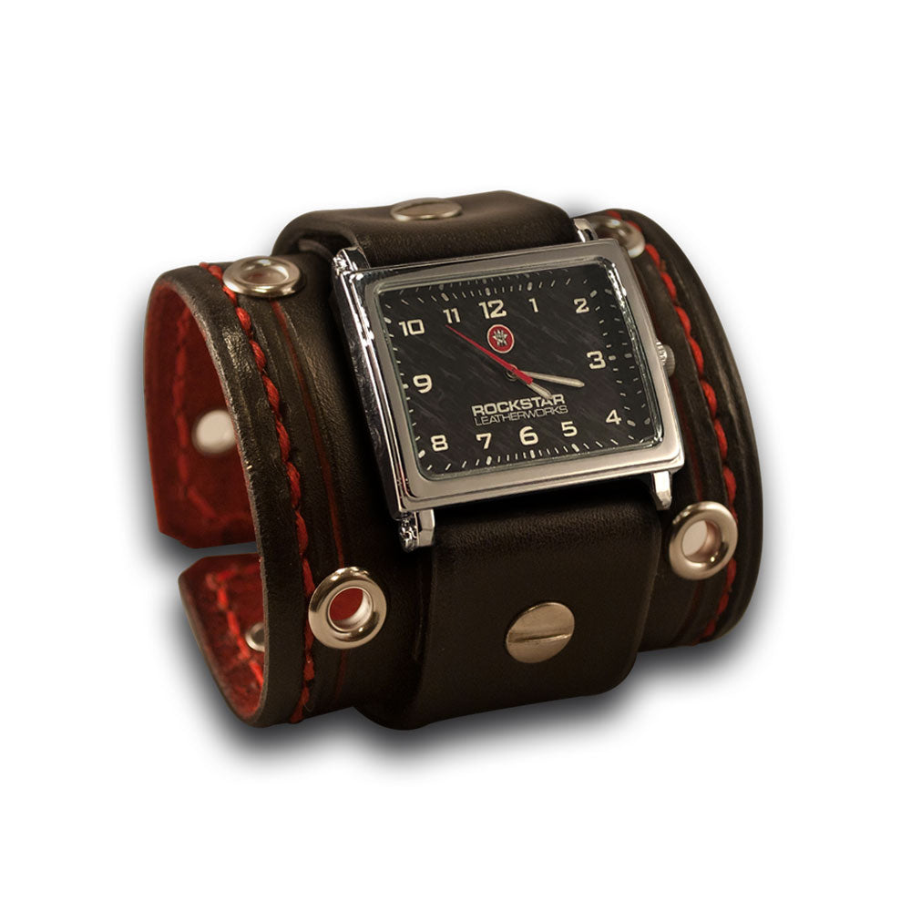 Black & Red Leather Cuff Watch with Stitching, Eyelets & Etching-Leather Cuff Watches-Rockstar Leatherworks™