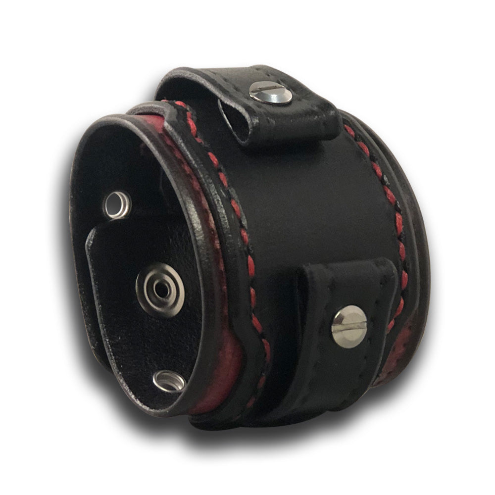 Black and Red Layered Leather Cuff Watch Band with Eyelets & Snaps-Custom Handmade Leather Watch Bands-Rockstar Leatherworks™