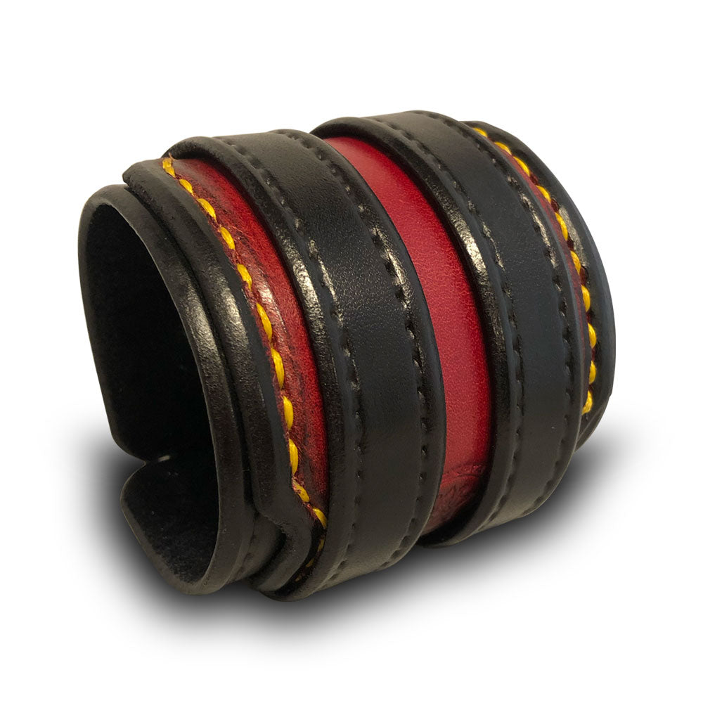 Black & Red Leather Double Strap Double Buckle Cuff Wristband-Leather Cuffs & Wristbands-Rockstar Leatherworks™