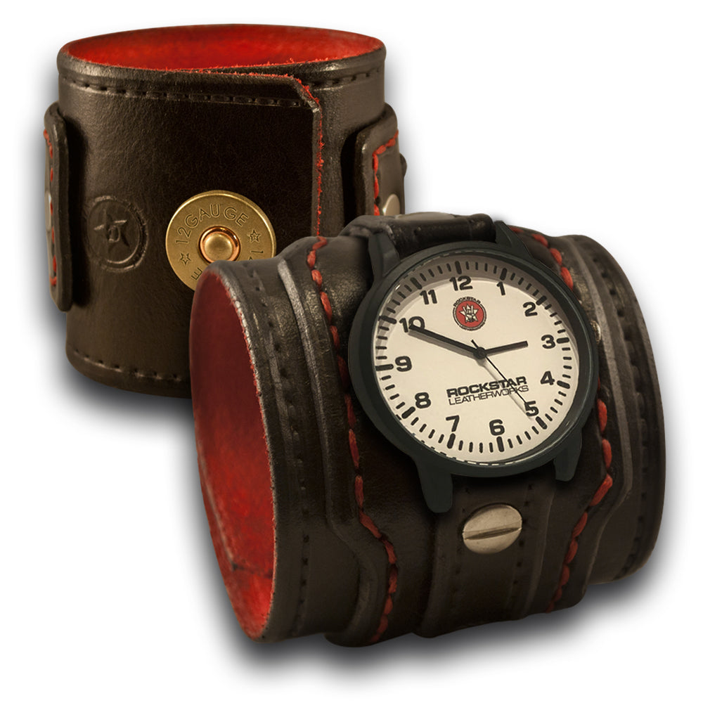 Black & Red Wide Layered Leather Cuff Watch with Snap-Leather Cuff Watches-Rockstar Leatherworks™