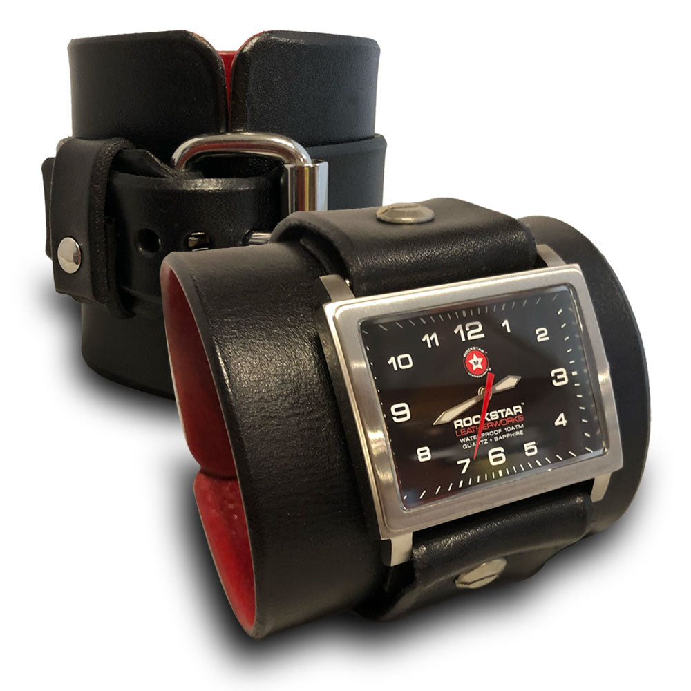 Black Rockstar Leather Cuff Watch - Stainless, Sapphire, 10ATM-Leather Cuff Watches-Rockstar Leatherworks™