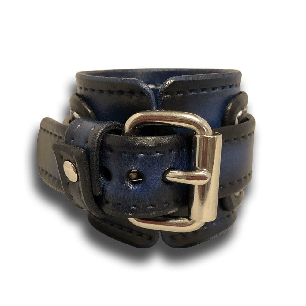 Navy Blue Layered Leather Cuff Watch Band with Buckle-Custom Handmade Leather Watch Bands-Rockstar Leatherworks™
