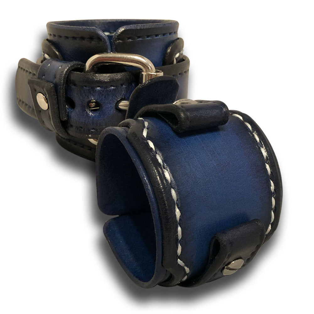 Navy Blue Layered Leather Cuff Watch Band with Buckle-Custom Handmade Leather Watch Bands-Rockstar Leatherworks™