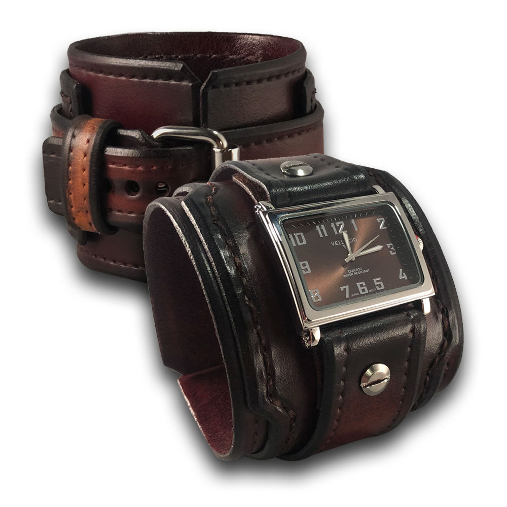 Bordeaux and Tan Wide Layered Leather Cuff Watch with Stitching-Leather Cuff Watches-Rockstar Leatherworks™