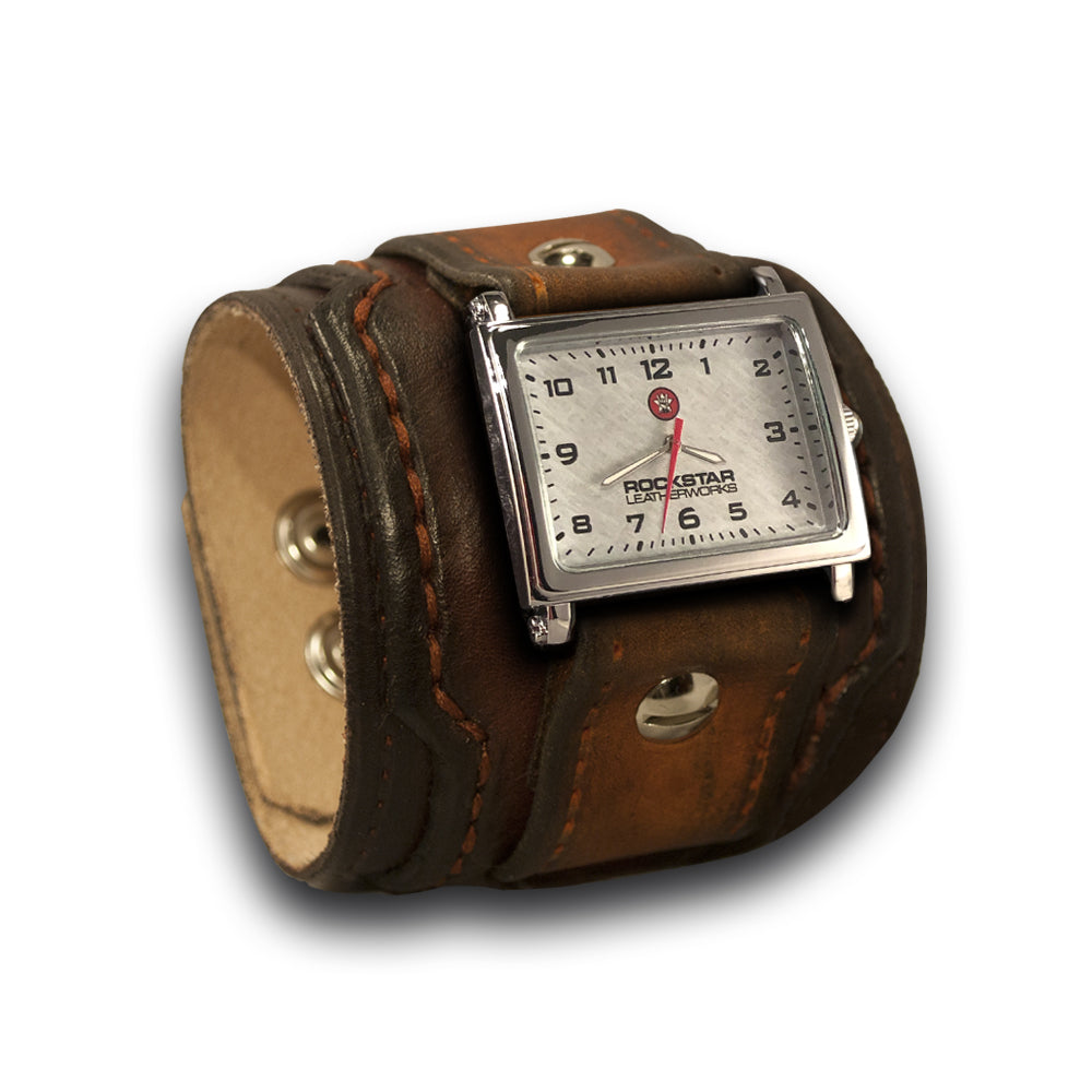 Bordeaux & Tan Layered Leather Cuff Watch with Celtic Snaps-Leather Cuff Watches-Rockstar Leatherworks™