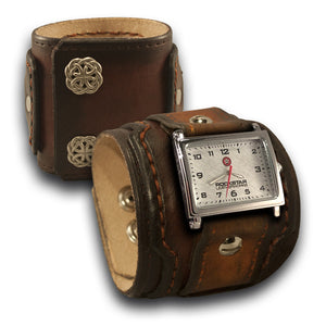 Bordeaux & Tan Layered Leather Cuff Watch with Celtic Snaps-Leather Cuff Watches-Rockstar Leatherworks™