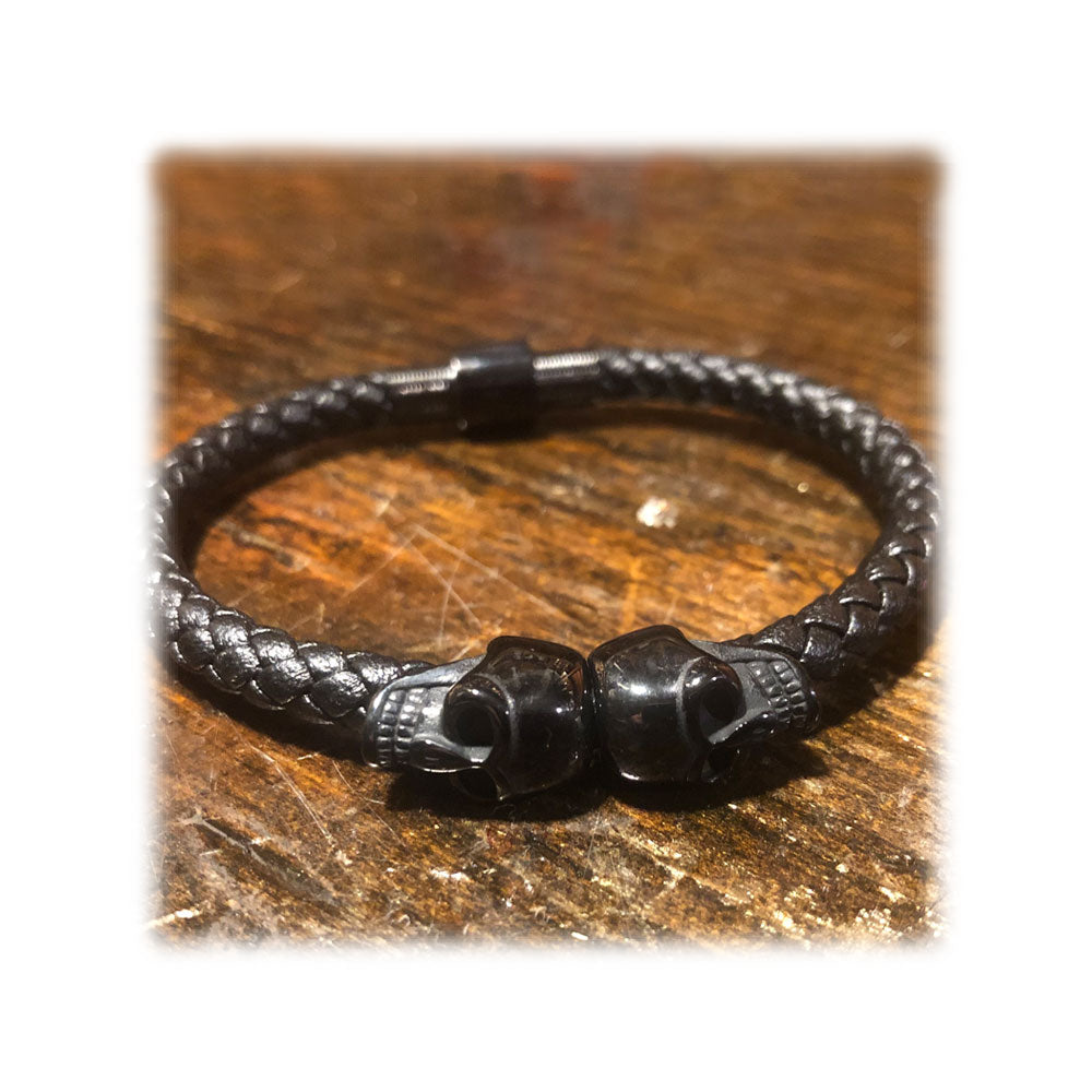 Black Braided Leather Bracelet with Skulls-Bracelet-Rockstar Leatherworks™