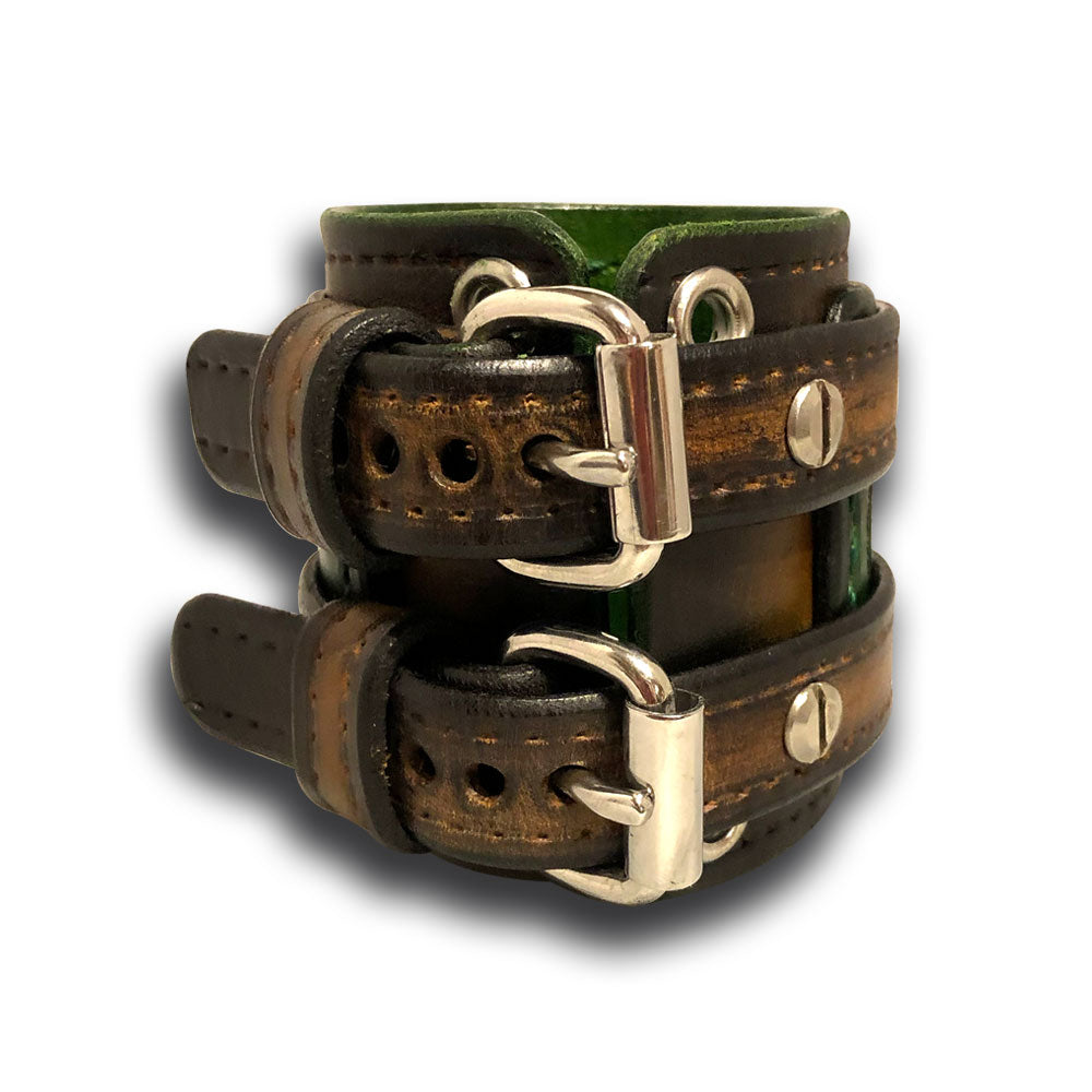 Brown and Green Leather Double Buckle Double Strap Cuff Wristband-Leather Cuffs & Wristbands-Rockstar Leatherworks™