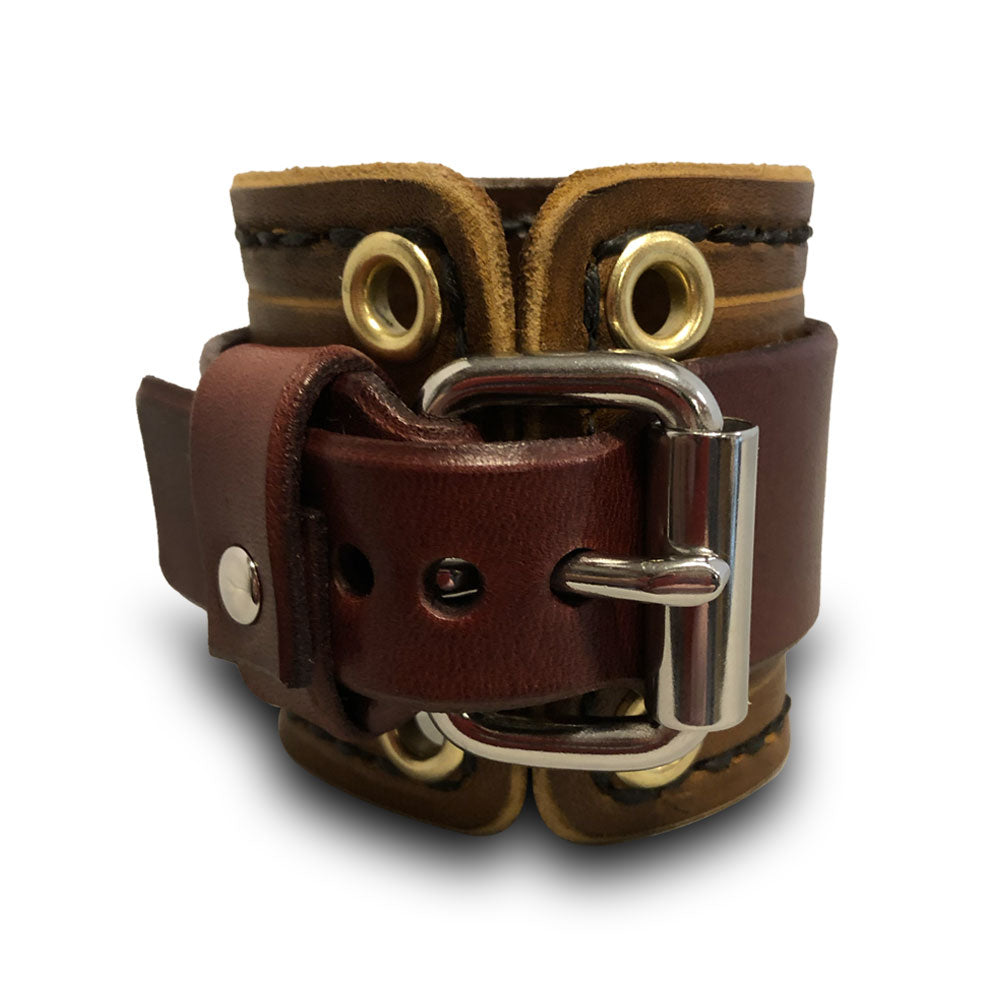 Brown & Bordeaux Leather Cuff Watch with Stitching & Eyelets-Leather Cuff Watches-Rockstar Leatherworks™