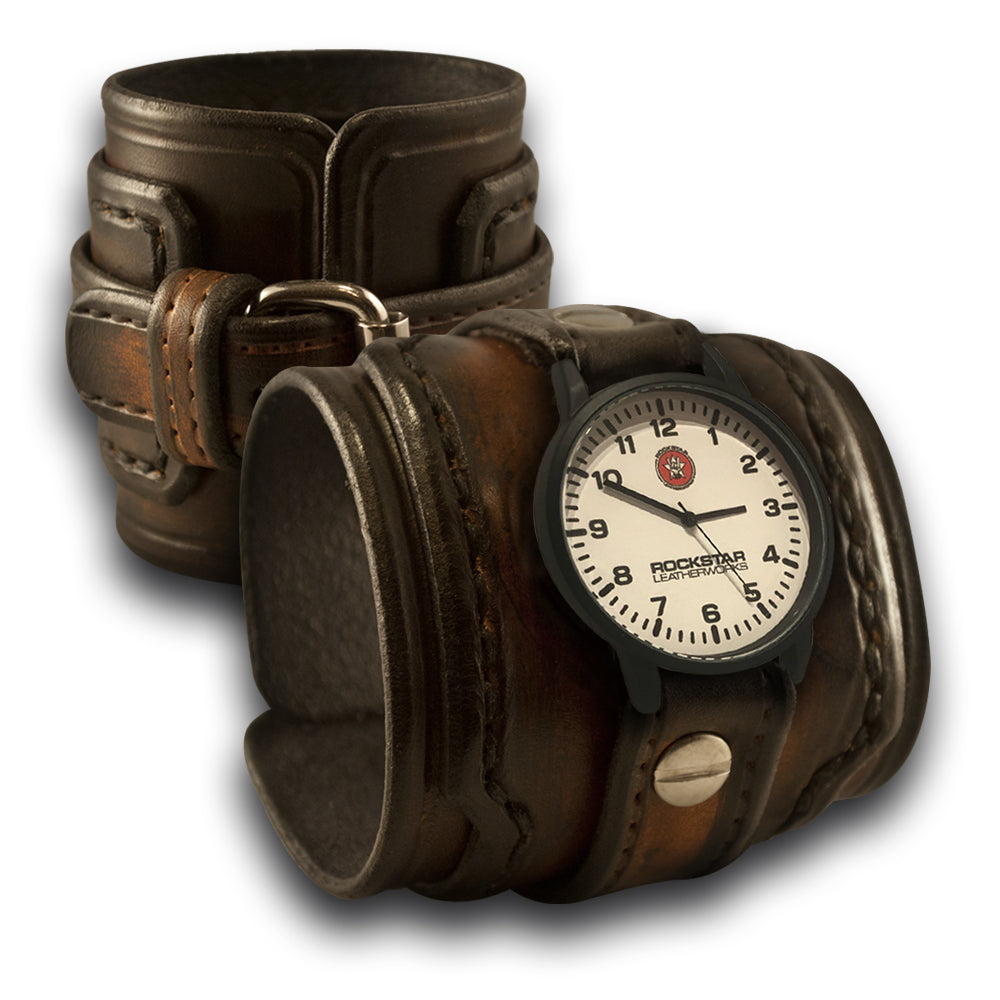 Brown Stressed Layered Leather Cuff Watch with Stitching-Leather Cuff Watches-Rockstar Leatherworks™