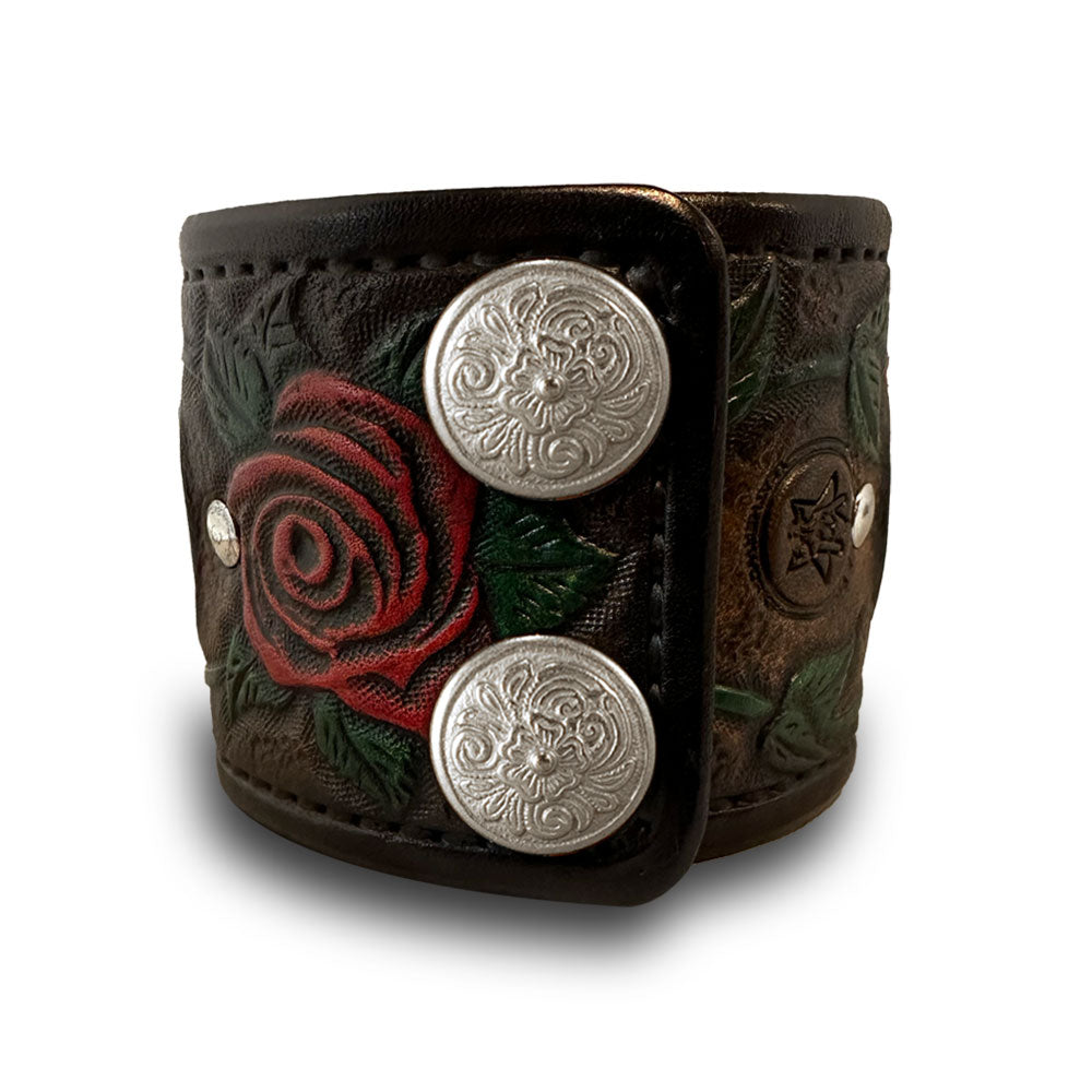 Brown Leather Cuff Watch Rose & Vines with Snaps & 42mm Watch-Leather Cuff Watches-Rockstar Leatherworks™