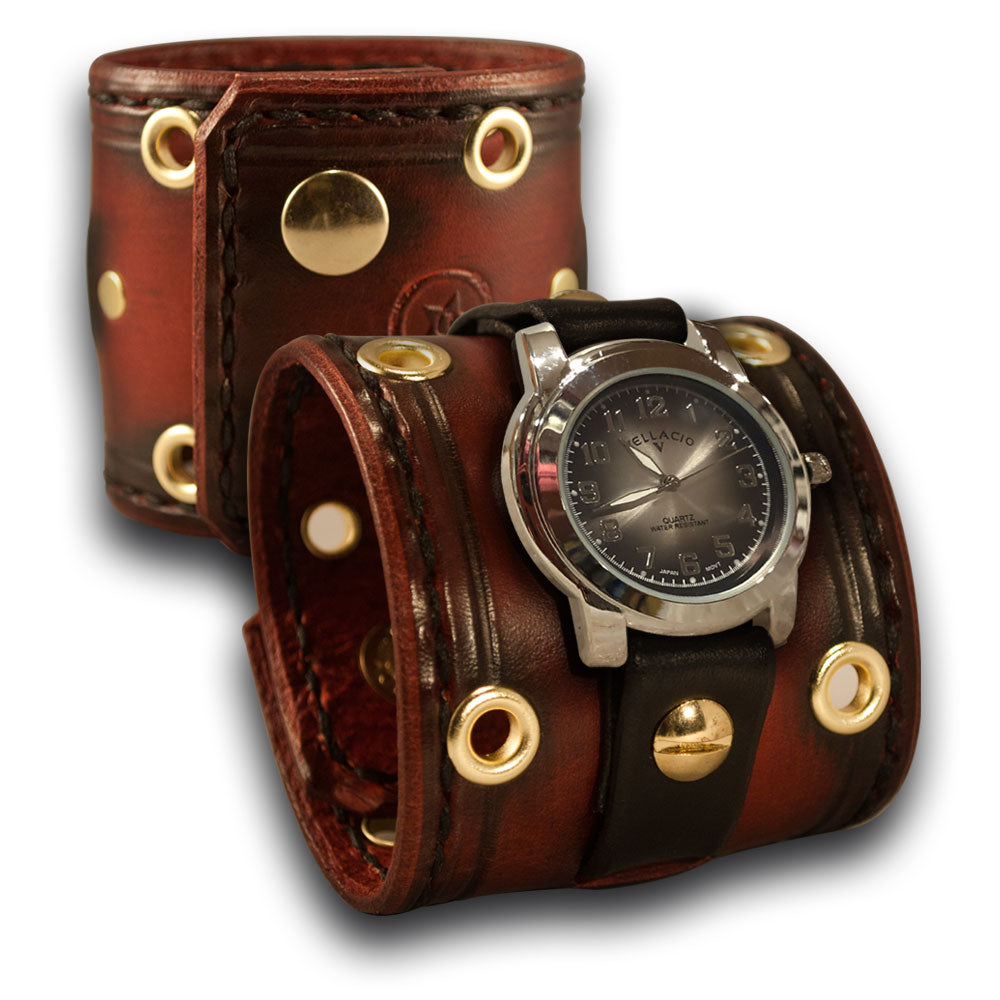 Crimson Stressed Cuff Watch with Stitching, Eyelets & Snaps-Leather Cuff Watches-Rockstar Leatherworks™