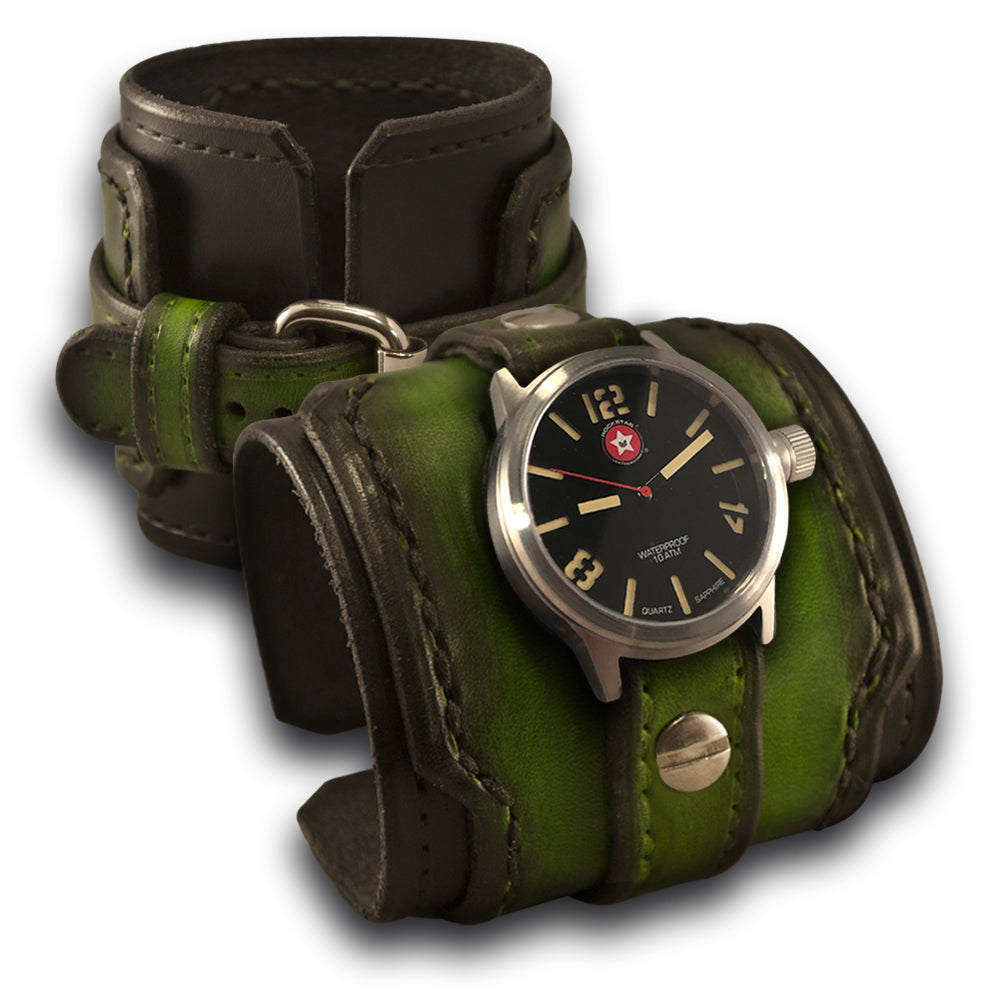 Black & Green Layered Rockstar Leather Cuff Watch-Leather Cuff Watches-Rockstar Leatherworks™