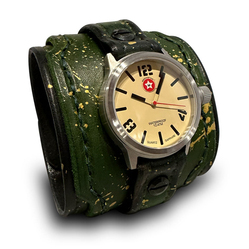 Green & Gold Layered Leather Cuff Watch with Eyelets & Celtic Snaps
