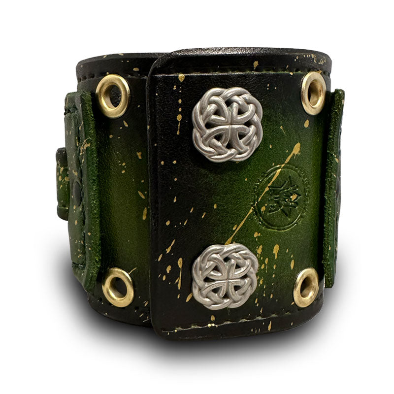 Green & Gold Layered Leather Cuff Watch with Eyelets & Celtic Snaps