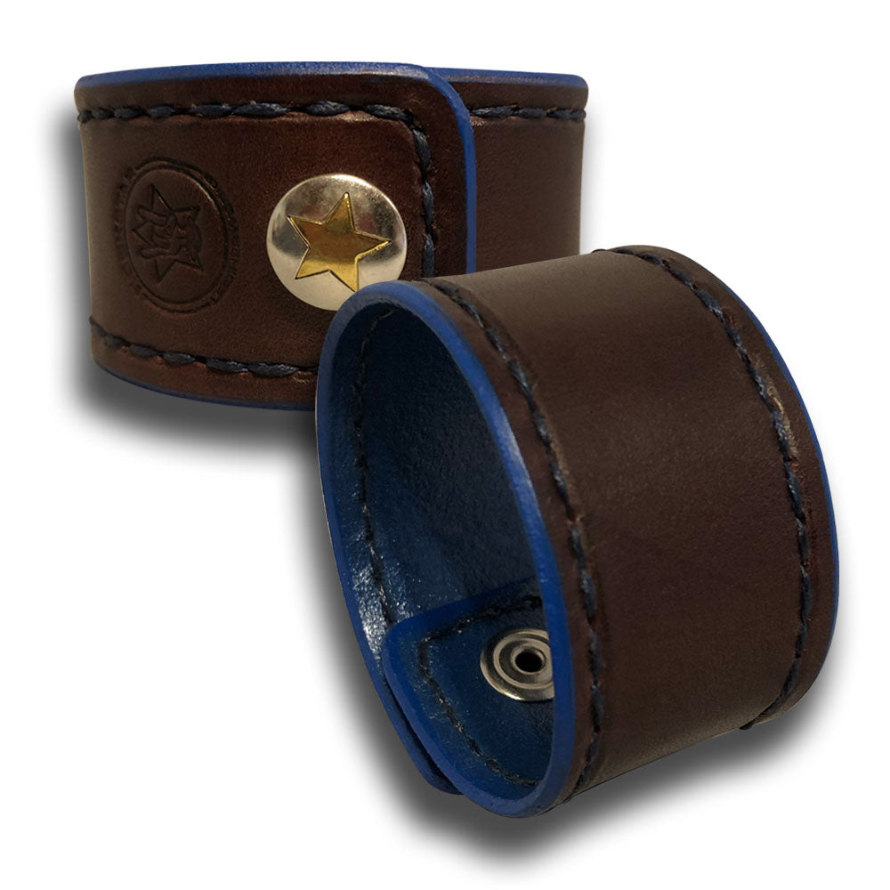 Mahogany Leather Cuff Wristband with Blue Stitching and Snap-Leather Cuffs & Wristbands-Rockstar Leatherworks™