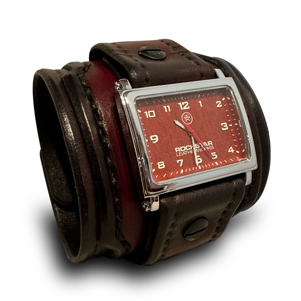 Oxblood Layered Leather Cuff Watch with Cross Snaps-Leather Cuff Watches-Rockstar Leatherworks™