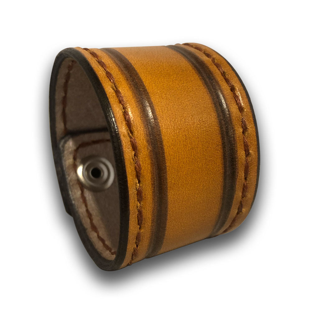 Tan & Brown Leather Cuff Wristband with Stitching & Snaps-Leather Cuffs & Wristbands-Rockstar Leatherworks™