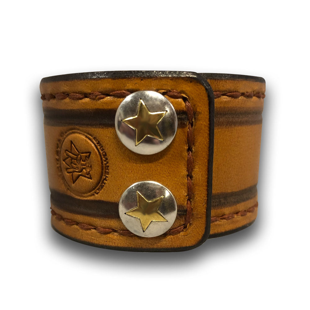Tan & Brown Leather Cuff Wristband with Stitching & Snaps-Leather Cuffs & Wristbands-Rockstar Leatherworks™