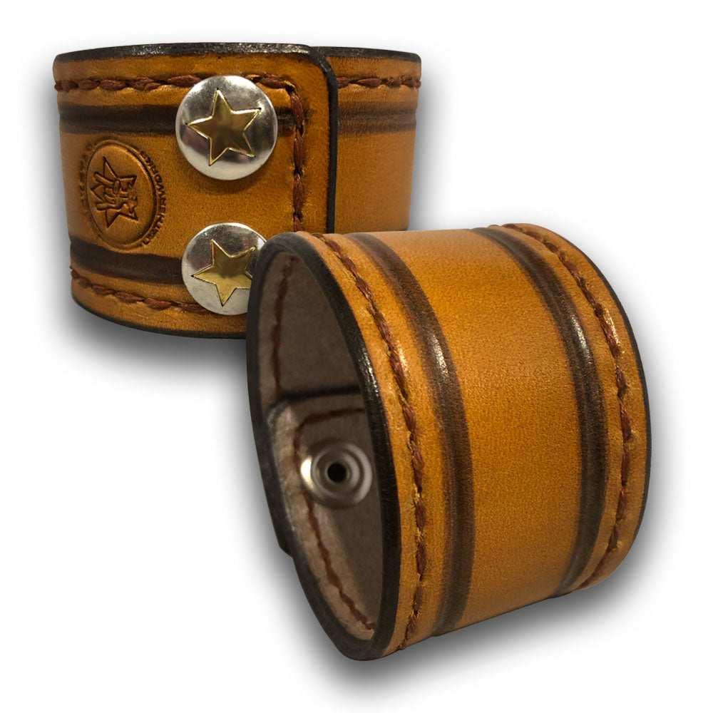 Tan & Brown Leather Cuff Wristband with Stitching & Snaps-Leather Cuffs & Wristbands-Rockstar Leatherworks™