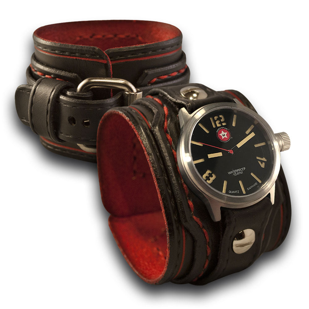Black & Red Layered Leather Cuff Watch with Red Stitching-Leather Cuff Watches-Rockstar Leatherworks™