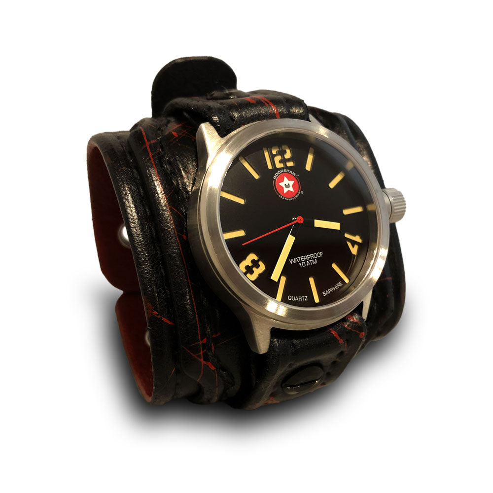 Black with Red Splatter Layered Leather Cuff Watch-Leather Cuff Watches-Rockstar Leatherworks™