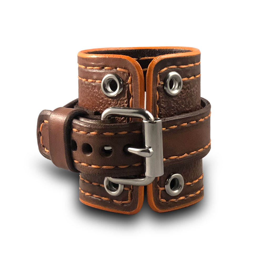 Brown and Orange Samsung Leather Cuff Watch Band with Eyelets-Custom Handmade Leather Watch Bands-Rockstar Leatherworks™