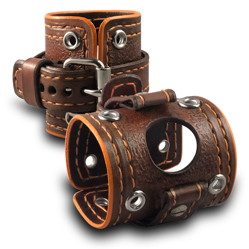 Brown and Orange Samsung Leather Cuff Watch Band with Eyelets-Custom Handmade Leather Watch Bands-Rockstar Leatherworks™