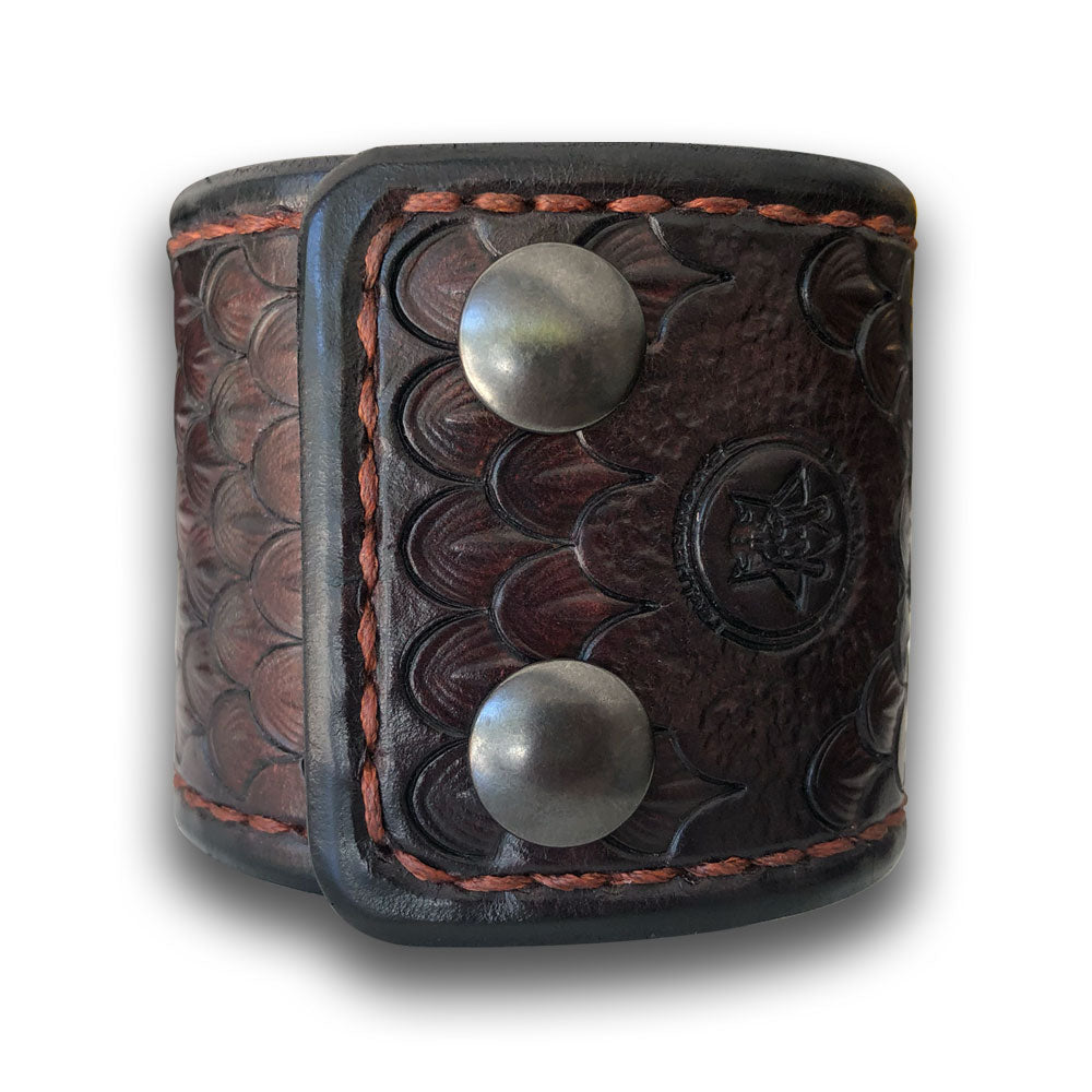 Dark Mahogany Dragon Scale Leather Cuff with Stitching and Snaps-Leather Cuffs & Wristbands-Rockstar Leatherworks™