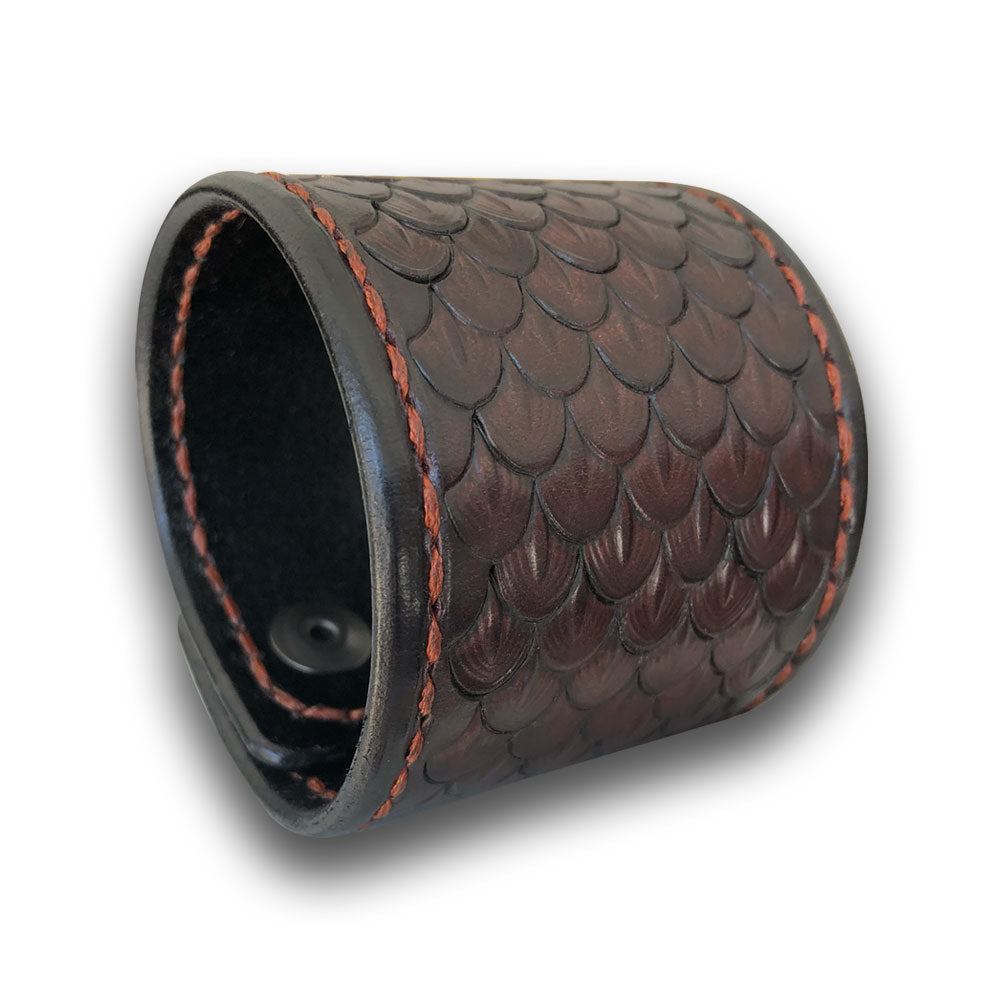 Dark Mahogany Dragon Scale Leather Cuff with Stitching and Snaps-Leather Cuffs & Wristbands-Rockstar Leatherworks™