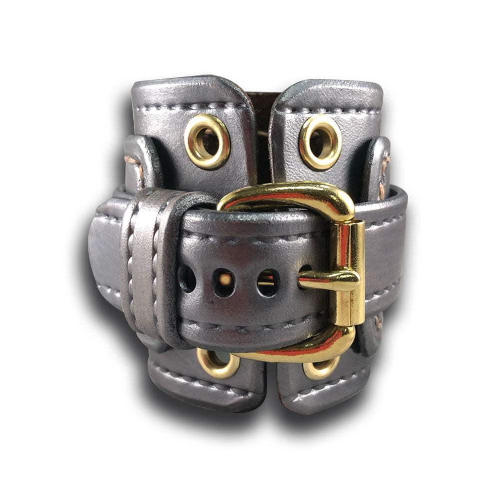 Silver & Brass Layered Leather Cuff Watch Band with Eyelets-Custom Handmade Leather Watch Bands-Rockstar Leatherworks™