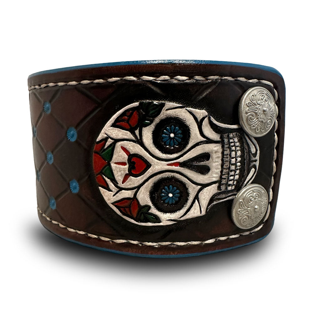 Sugar Skull Leather Cuff Wristband with Snaps & White Stitching-Leather Cuffs & Wristbands-Rockstar Leatherworks™