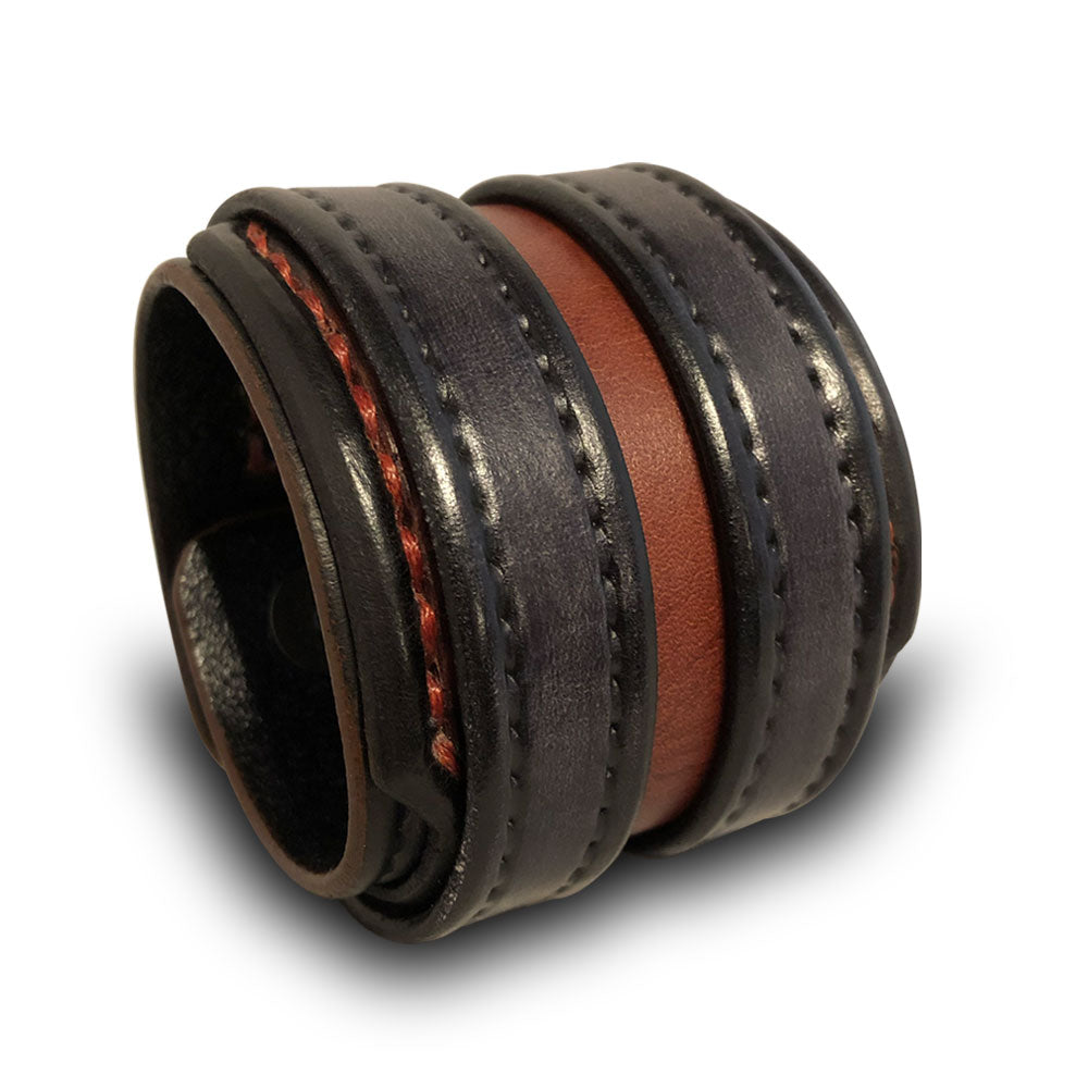 Slate & Bordeaux Layered Double Strap Leather Cuff with Black Snaps-Leather Cuffs & Wristbands-Rockstar Leatherworks™