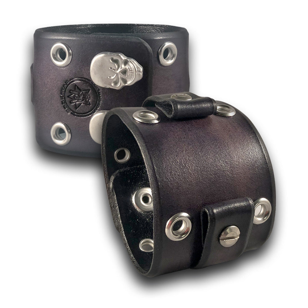 Wide Slate Gray Leather Cuff Watch Band with Eyelets and Skull Snaps-Custom Handmade Leather Watch Bands-Rockstar Leatherworks™