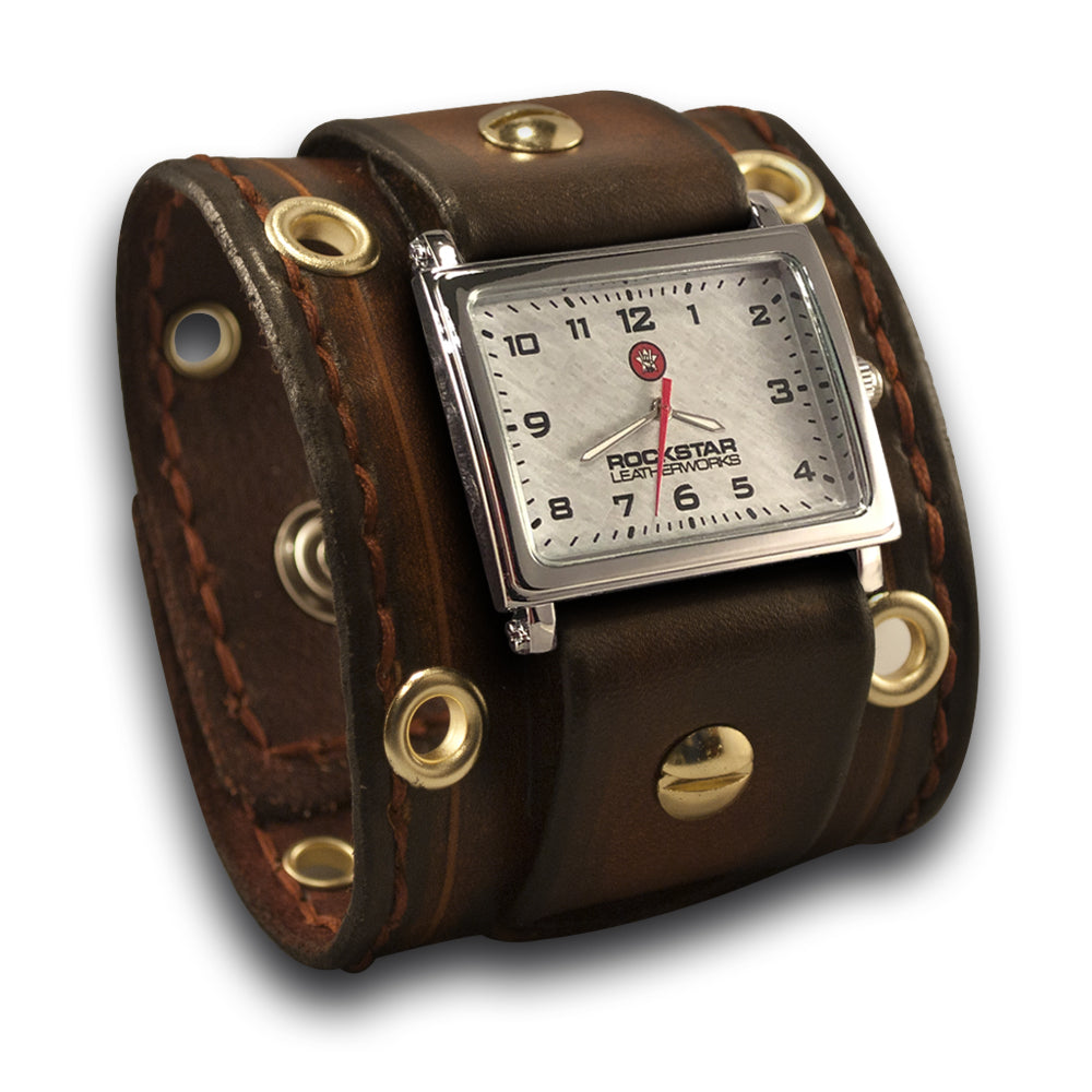 Brown Leather Cuff Watch with Eyelets, Etching & Celtic Snaps-Leather Cuff Watches-Rockstar Leatherworks™